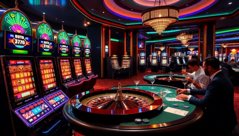 Image showcasing an elegant casino scene featuring luxury12 slot machines and a vibrant poker table.