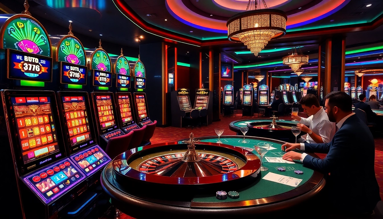 Image showcasing an elegant casino scene featuring luxury12 slot machines and a vibrant poker table.