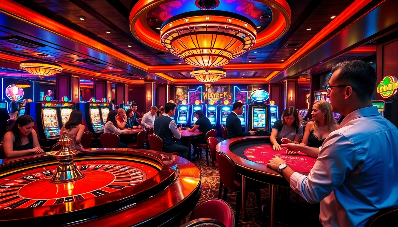 The thrilling atmosphere of https://xin8820.me/ featuring players immersed in casino games with roulette and slot machines.