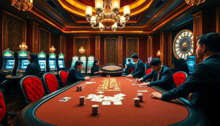 Apiraja88 poker players enjoying a high-stakes game with vibrant casino ambiance.