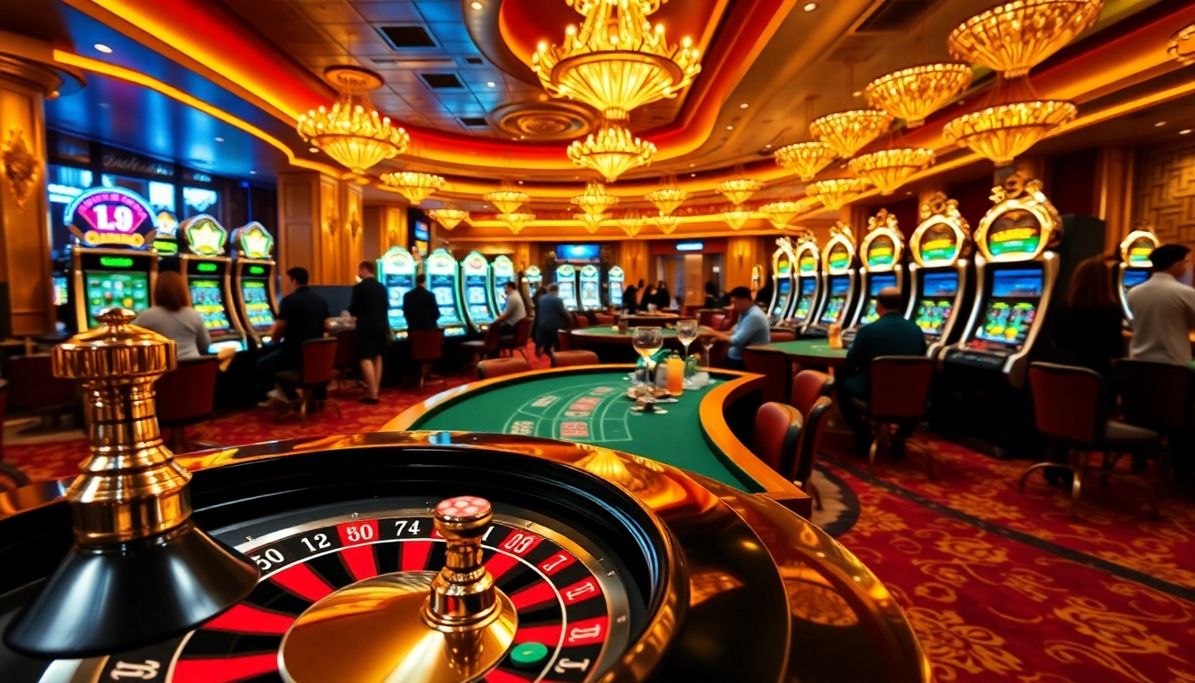 Engaging scene of players enjoying games at apiraja88 casino tables with vibrant slot machines.