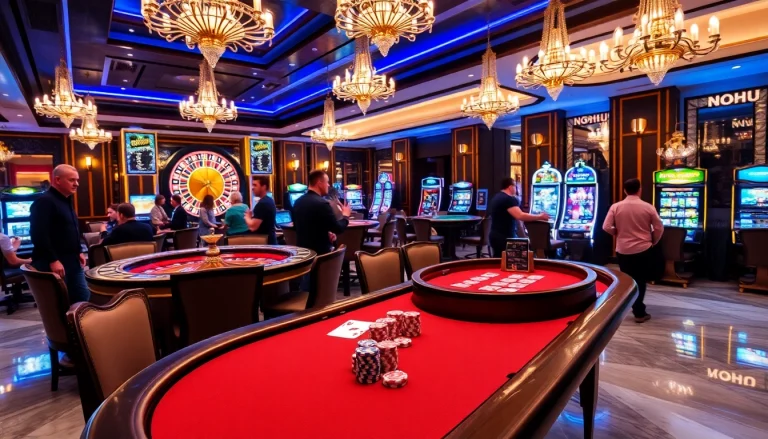 Nohu-themed vibrant casino scene featuring a poker table, roulette wheel, and lively ambiance.