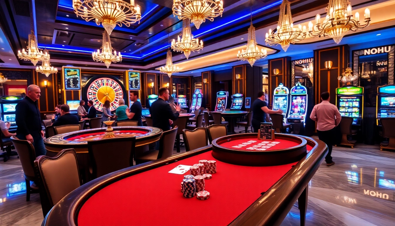 Nohu-themed vibrant casino scene featuring a poker table, roulette wheel, and lively ambiance.