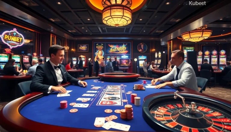 Exciting casino atmosphere featuring Kubet poker tables and vibrant games.