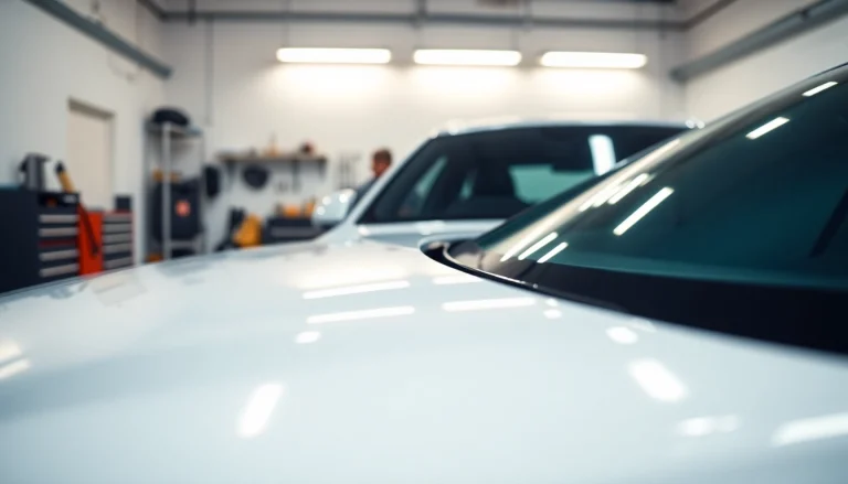 Apply paint protection film near me showcasing a professional installation with tools and a glossy finish.