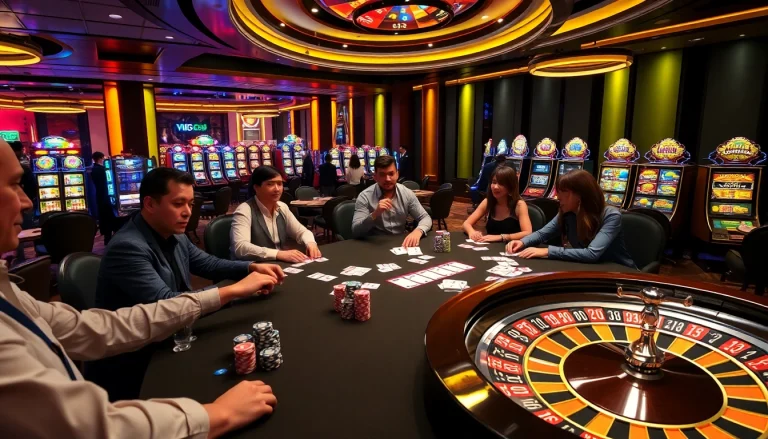 Experience high-stakes gambling at VJ88 with lively players at a luxurious poker table.