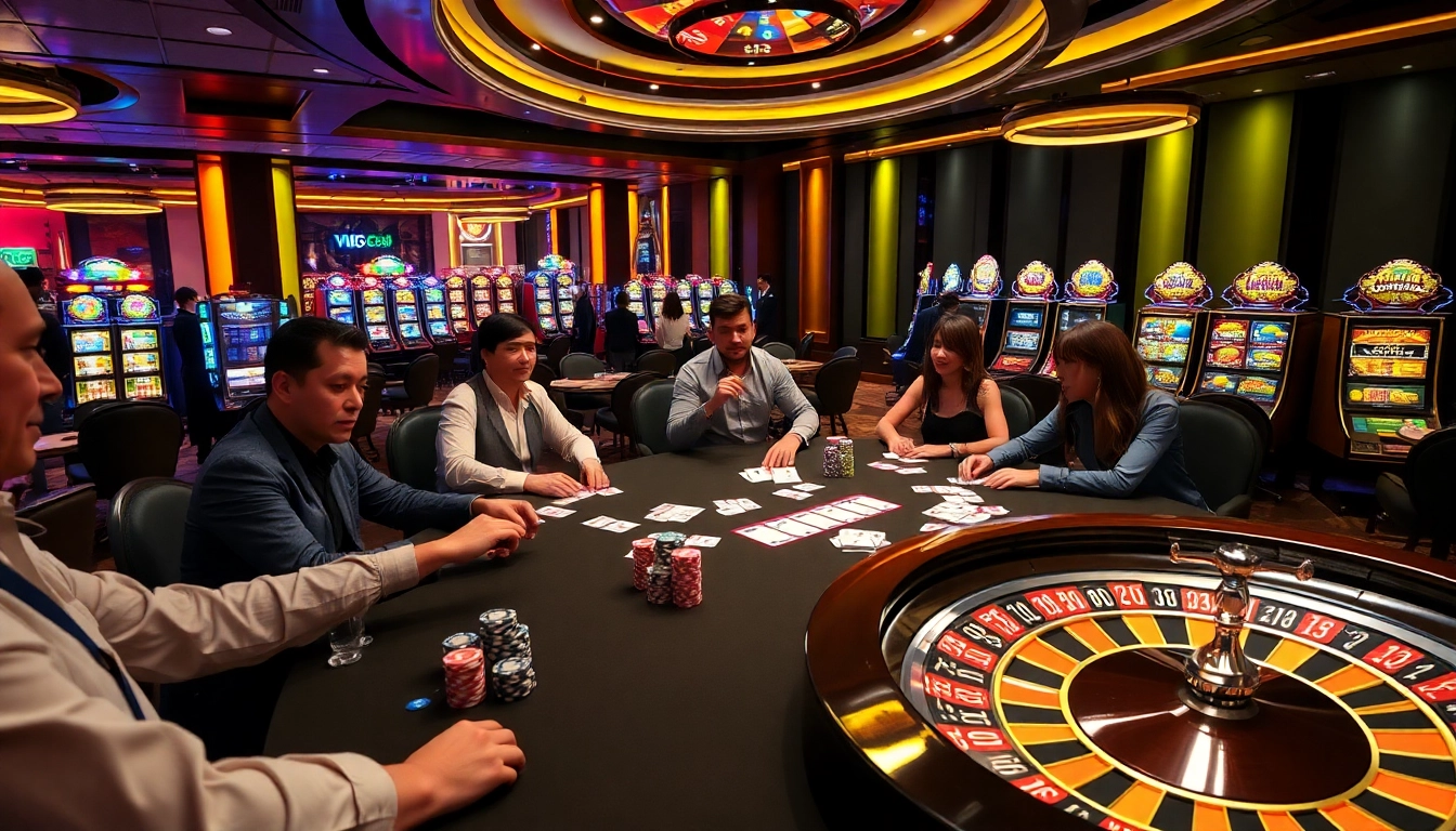Experience high-stakes gambling at VJ88 with lively players at a luxurious poker table.