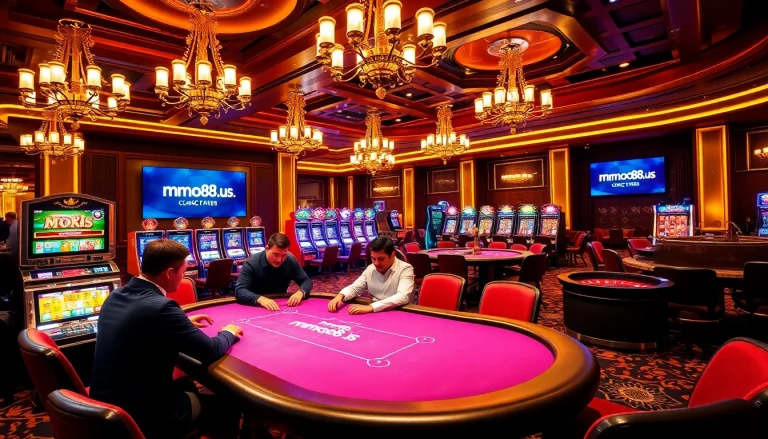 Players engage at a poker table in a vibrant casino scene, highlighting mmoo88.us.com's gaming experience.