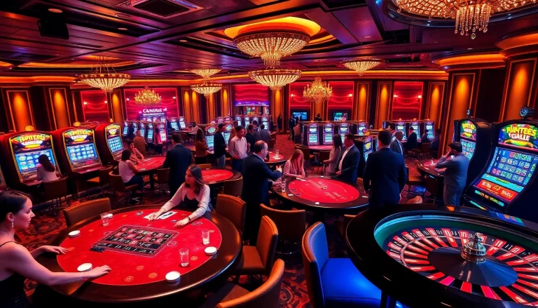 Players enjoying a thrilling game at B52club casino with vibrant tables and slot machines.