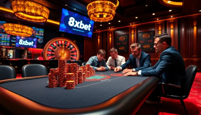 Players enjoy a thrilling poker game at the luxurious 8xbet casino, showcasing excitement and strategy.