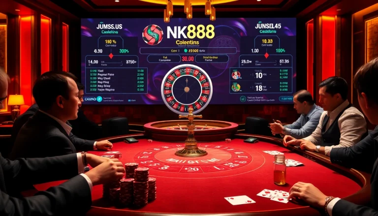 Experience nk88 excitement at a luxurious casino table filled with chips and cards.