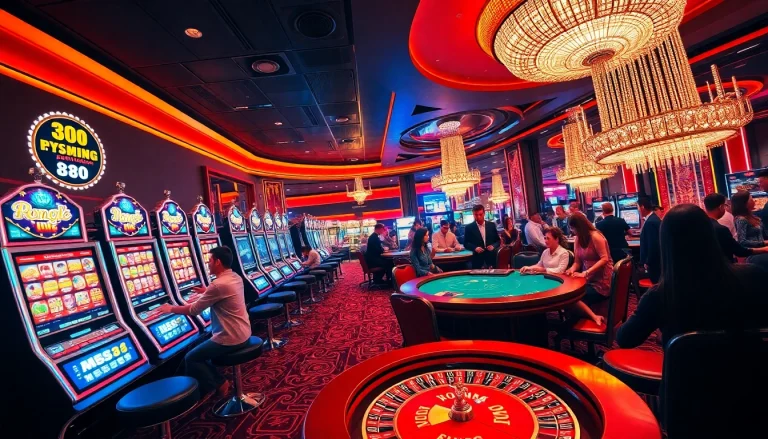 Bong88 gamblers enjoying a vibrant casino atmosphere with tables and slot machines.