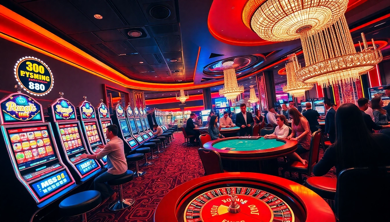 Bong88 gamblers enjoying a vibrant casino atmosphere with tables and slot machines.
