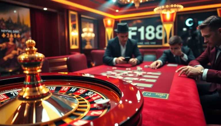Experience the excitement of F168 casino games with vibrant poker chips and roulette wheels.