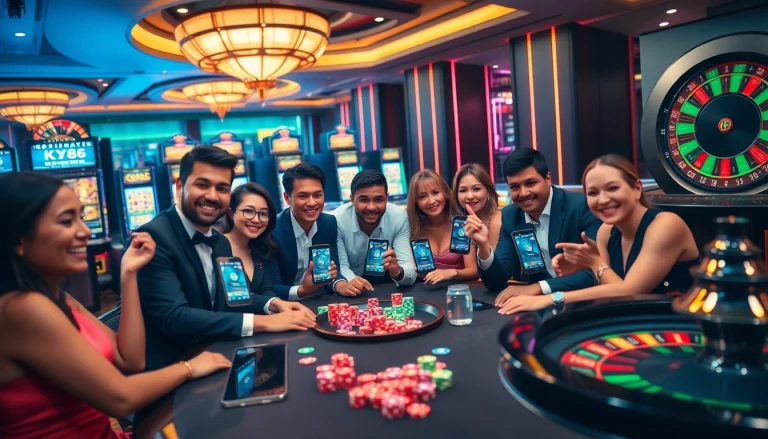 Players engaging with the KX8 app at a high-stakes poker table in a luxury casino.