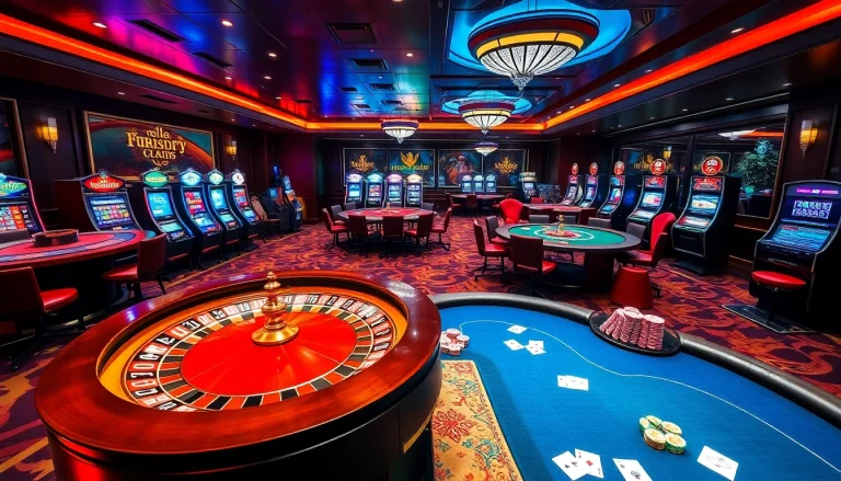 Exciting gambling scene showcasing online casino elements from https://nohu90.tools/ with roulette and poker tables.