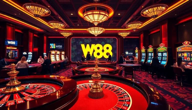 W88 players engaging at a luxurious casino table, experiencing live gambling excitement.