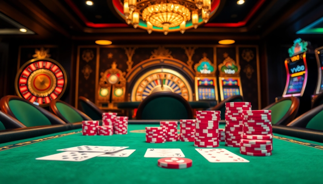 Experience the thrill of betting at VJ88 casino with vibrant poker chips and rich game tables.