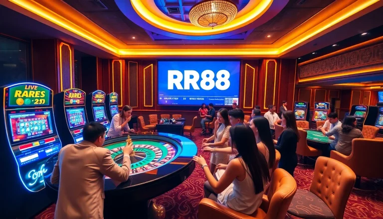 Players enjoying a vibrant RR88 casino experience with roulette and slot machines.