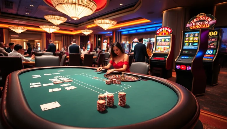 A thrilling casino experience at thabet77.org featuring a vibrant poker setup against a luxurious backdrop.