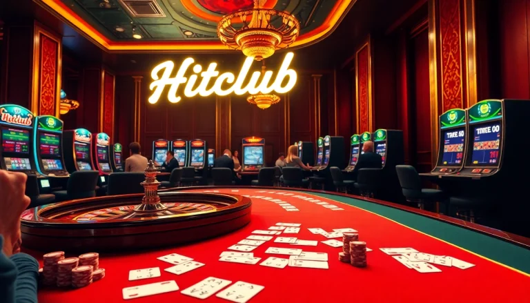 Hitclub excitement as players engage in a thrilling casino table game with vibrant poker chips and cards.