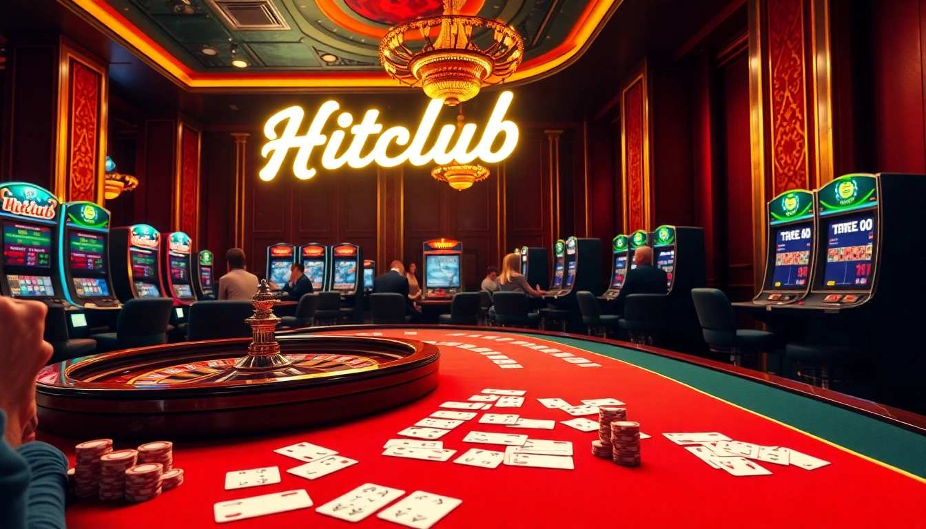 Hitclub excitement as players engage in a thrilling casino table game with vibrant poker chips and cards.