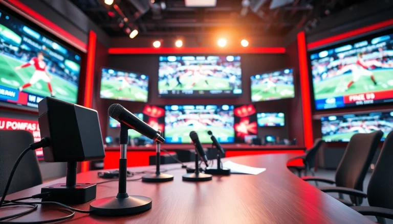 Engaging sports broadcasting setup featuring a presenter and live sports graphics.