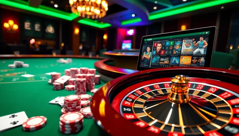 Experience thrilling gameplay at EE88 with vibrant casino tables, chips, and roulette.