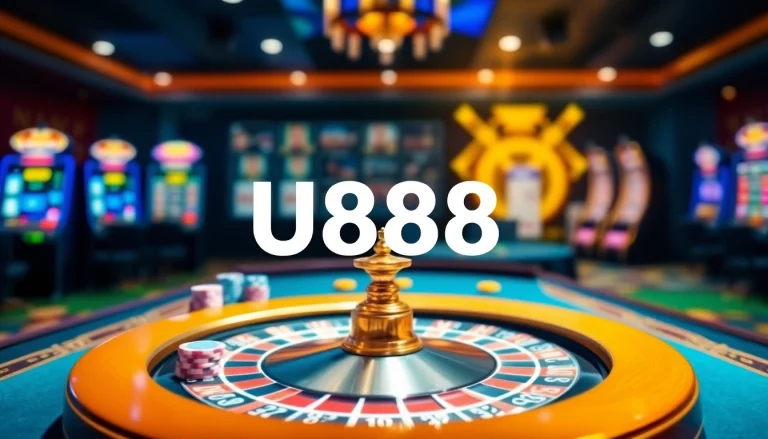 U888 online casino interface showcasing luxurious roulette, chips, and vibrant slots.