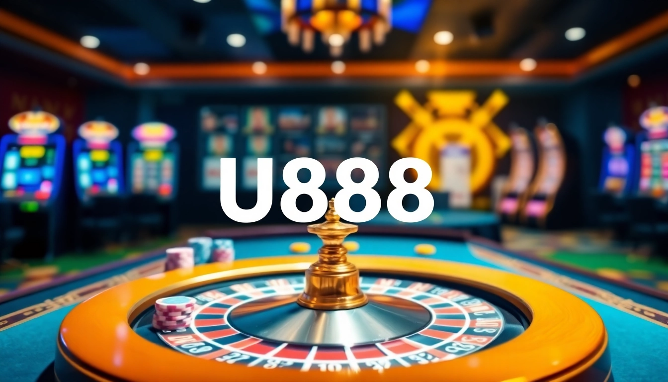 U888 online casino interface showcasing luxurious roulette, chips, and vibrant slots.