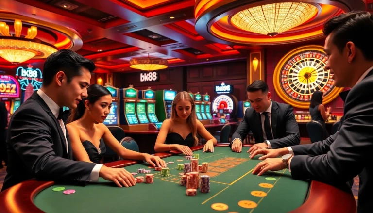 Exciting poker game scene at bk88 casino with vibrant chips and focused players.