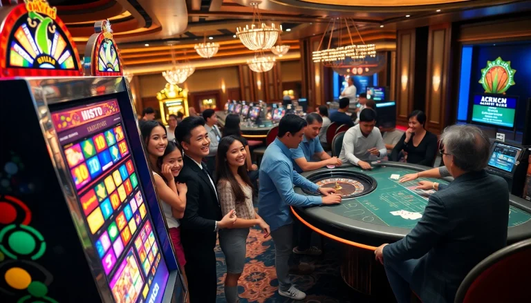Exciting gambling scene at QQMACAN casino with players engaging in slots, roulette, and poker.