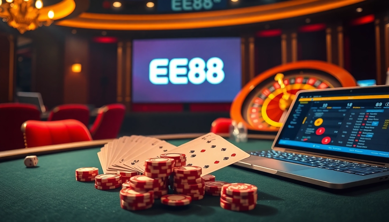 EE88 poker scene showcasing luxurious chips and cards in an exciting casino atmosphere.