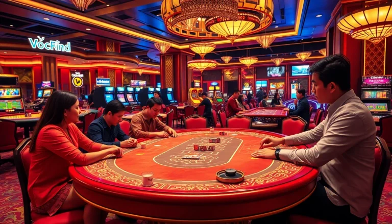 Xóc đĩa table with excited players at a stylish casino showcasing vibrant colors.