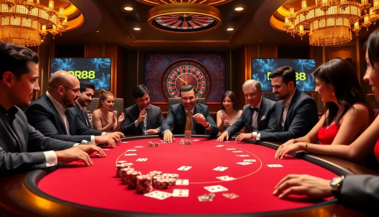 Players enjoying a thrilling poker game at RR88 casino, featuring luxurious poker chips and cards.
