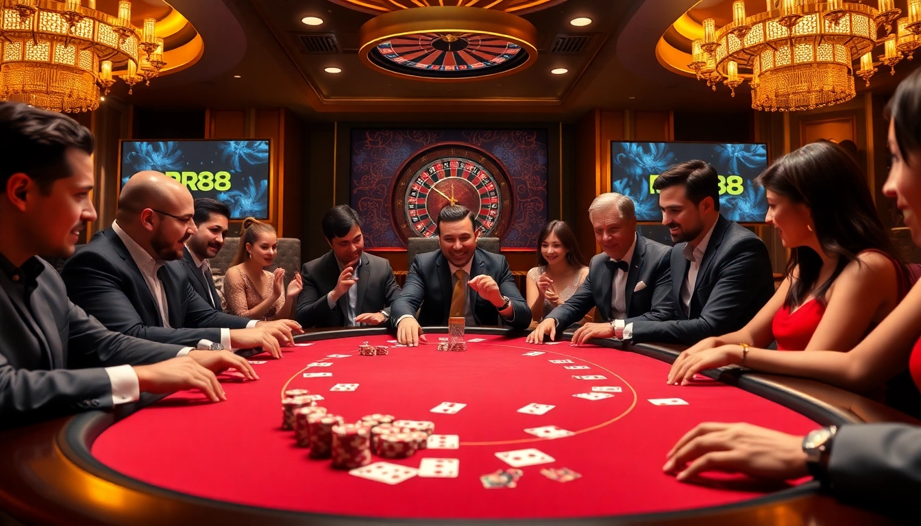 Players enjoying a thrilling poker game at RR88 casino, featuring luxurious poker chips and cards.