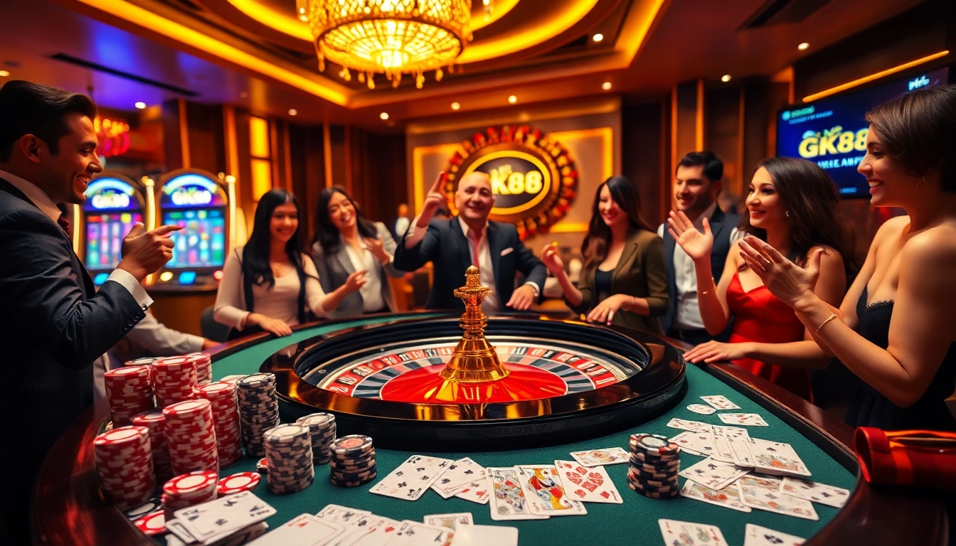 Players celebrate at a casino table showcasing Gk88 poker chips amidst excitement and vibrant atmosphere.
