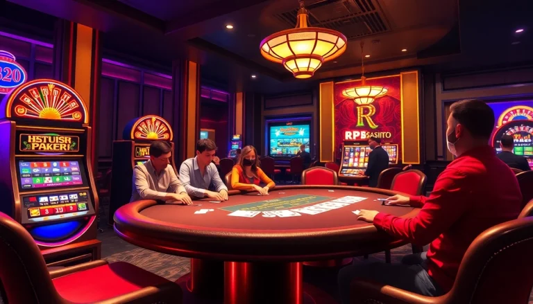 Players experiencing online gambling with RR88 interface at a luxurious casino.