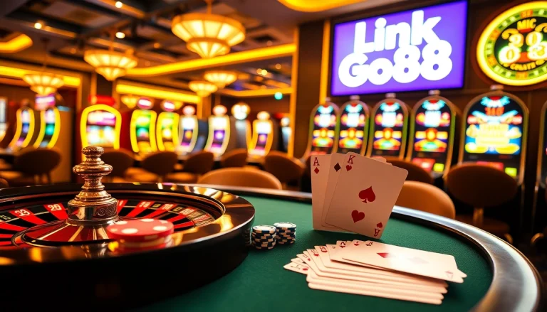 Engage with thrilling games at Link Go88, featuring colorful poker chips and a lively roulette wheel.