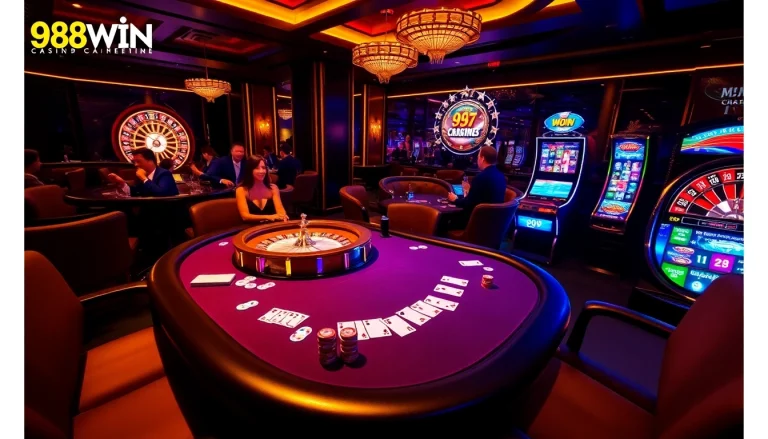 Thrilling casino atmosphere at 98WIN casino with poker tables, roulette, and slot machines.