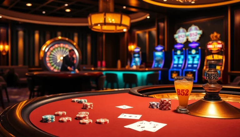 Experience the thrill of the B52 casino table with vibrant poker games and cocktails.