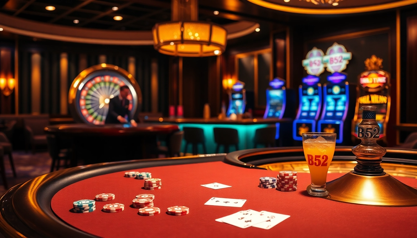 Experience the thrill of the B52 casino table with vibrant poker games and cocktails.