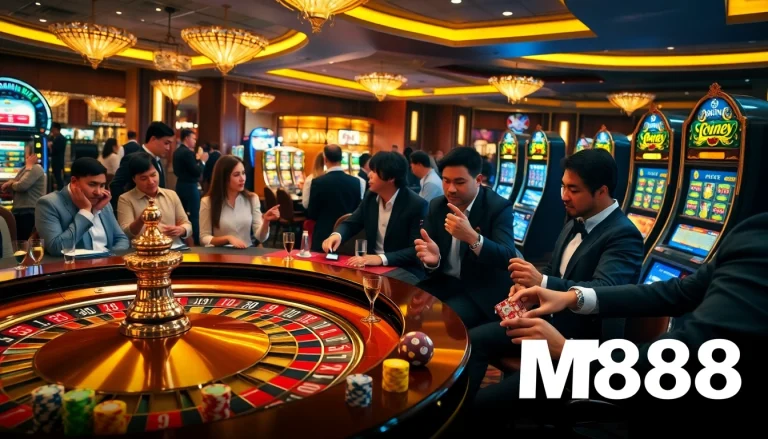 M88 casino scene showcasing poker chips and a roulette table in an exciting atmosphere.