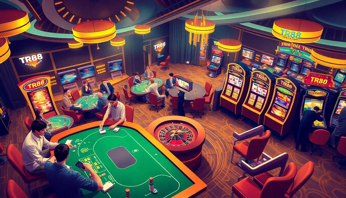 Engaging gambling scene showcasing TR88's vibrant online experience with poker, roulette, and slot machines.