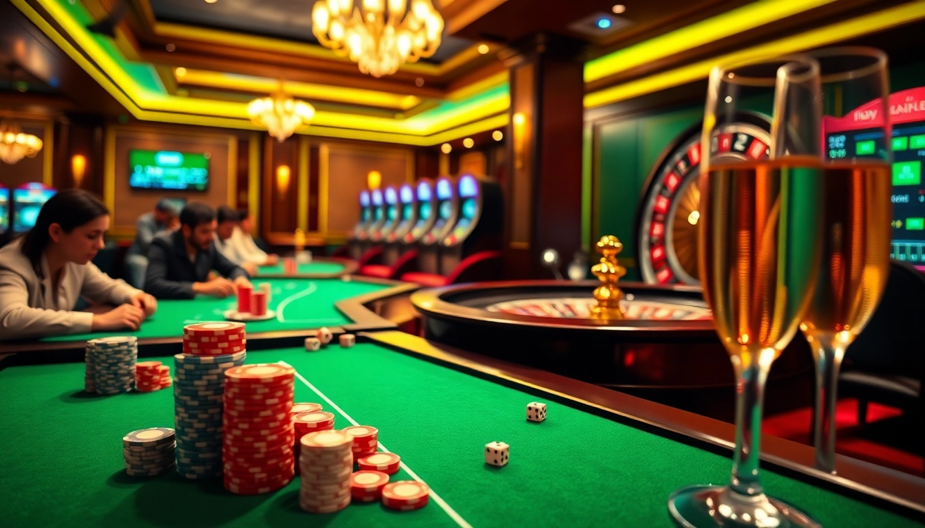 Enjoying the thrill of gambling at https://hm88.hiphop/, a casino scene with poker and roulette.