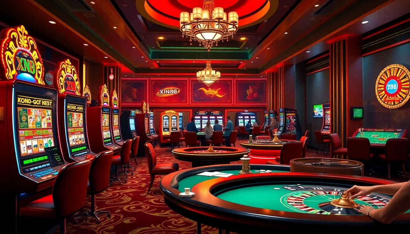 Excitement and luxury at xn88 .com casino with vibrant slot machines and poker tables.