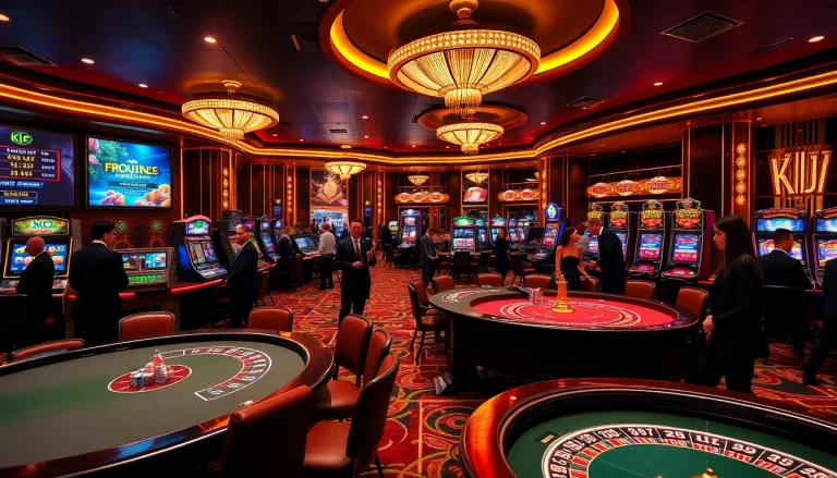 KJC casino patrons engage in thrilling games at elegant tables and vibrant slot machines.