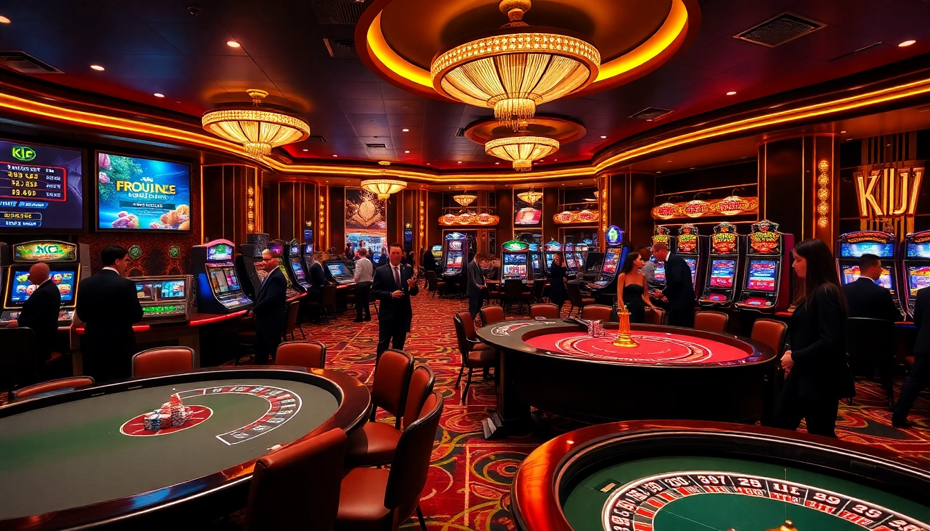 KJC casino patrons engage in thrilling games at elegant tables and vibrant slot machines.