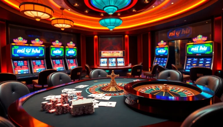Exciting nổ hũ casino scene with roulette wheel, poker chips, and vibrant slot machines.