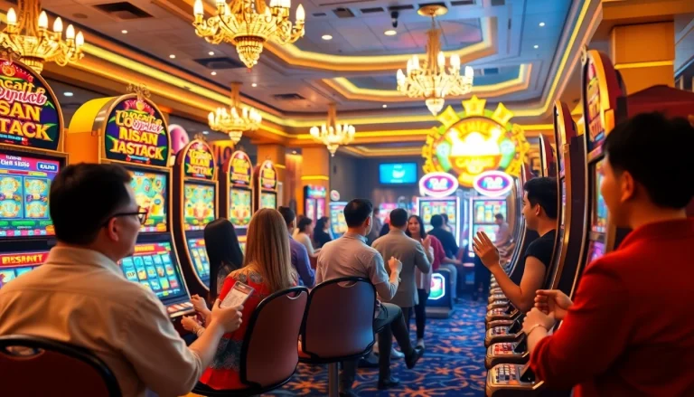 ผู้เล่นมีส่วนร่วมกับเครื่องสล็อต U8asia ในบรรยากาศคาสิโนหรูหรา แสดงถึงความตื่นเต้นและช่วงเวลาชนะ